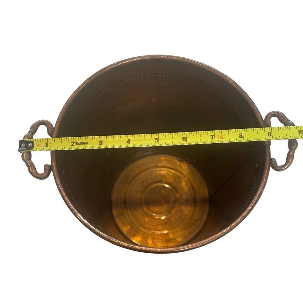 Vintage Solid Copper Bucket Wine Chiller Planter Beaded Trim Shell Handles 9